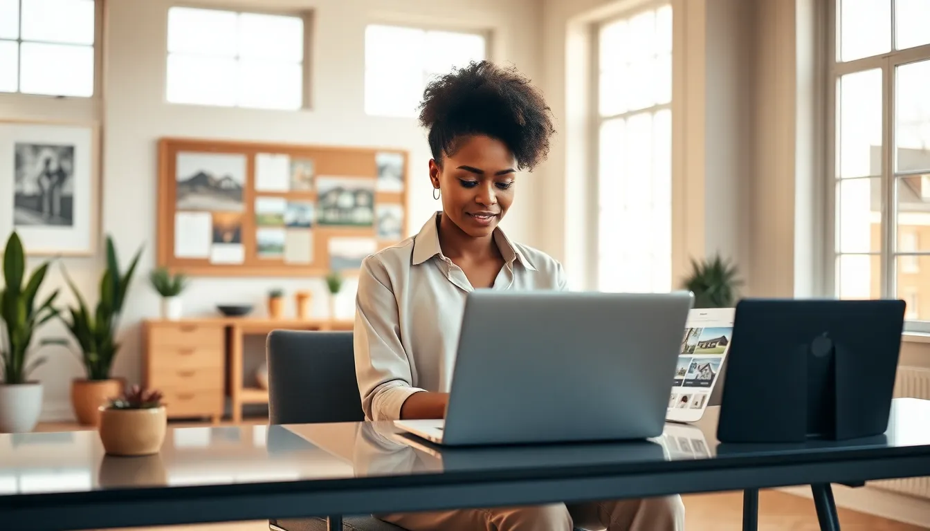A young woman in a modern office exploring property listings online.