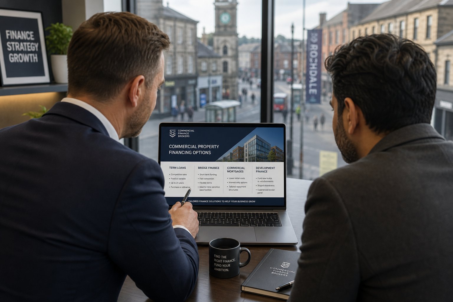 Broker showing commercial mortgage options on a laptop to a client in a bright office.