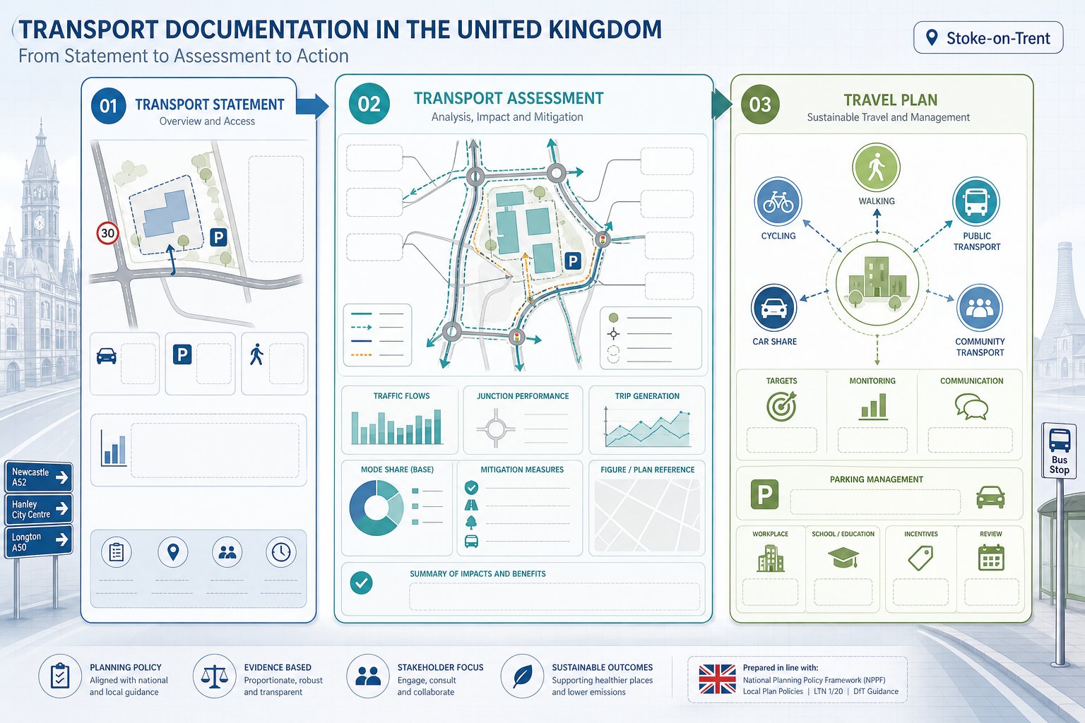 Comparison of Transport Statement, Transport Assessment, and Travel Plan for development planning.