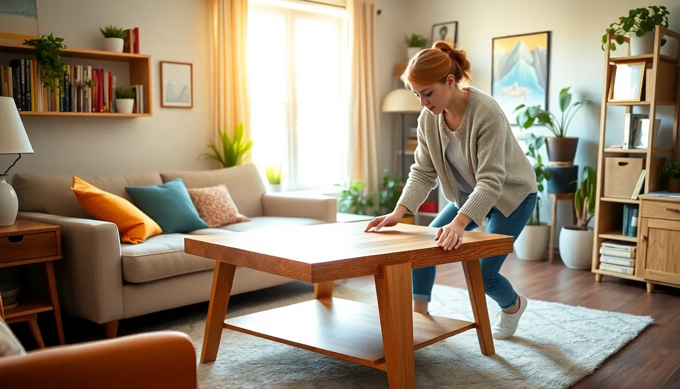 A woman measuring a coffee table in a cozy American living room.