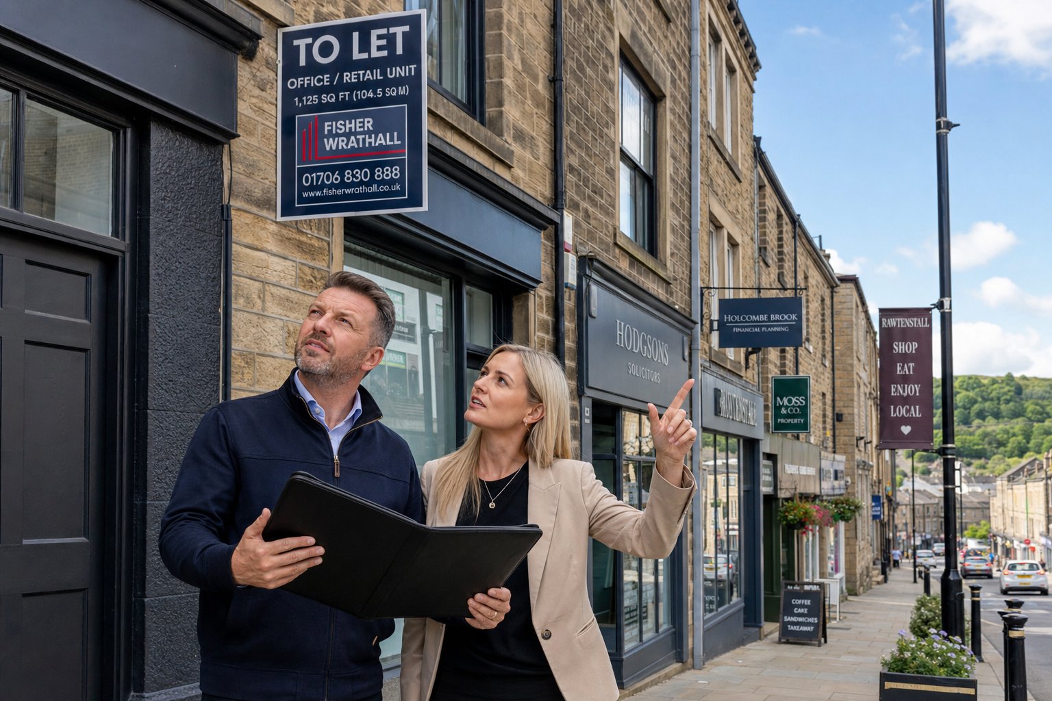 Business owner viewing a commercial property on a Rawtenstall high street with professional support.