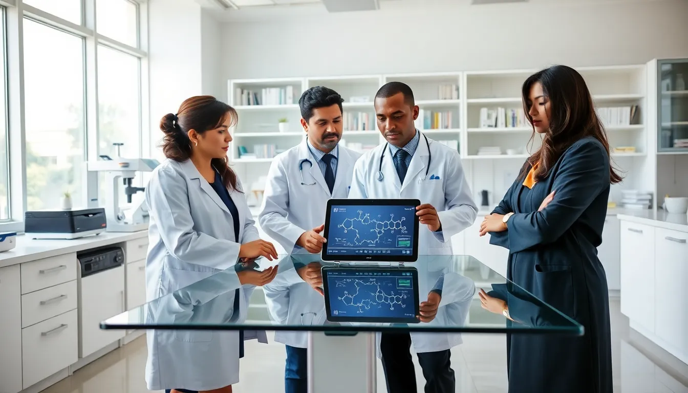 healthcare professionals discussing Mirbezumia in a modern laboratory.