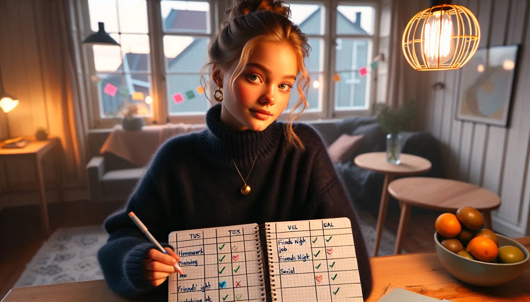 Slik kan du balanserer skole, fritid og venner 2 Norwegian teen organizes priorities with planner and phone message at dusk.