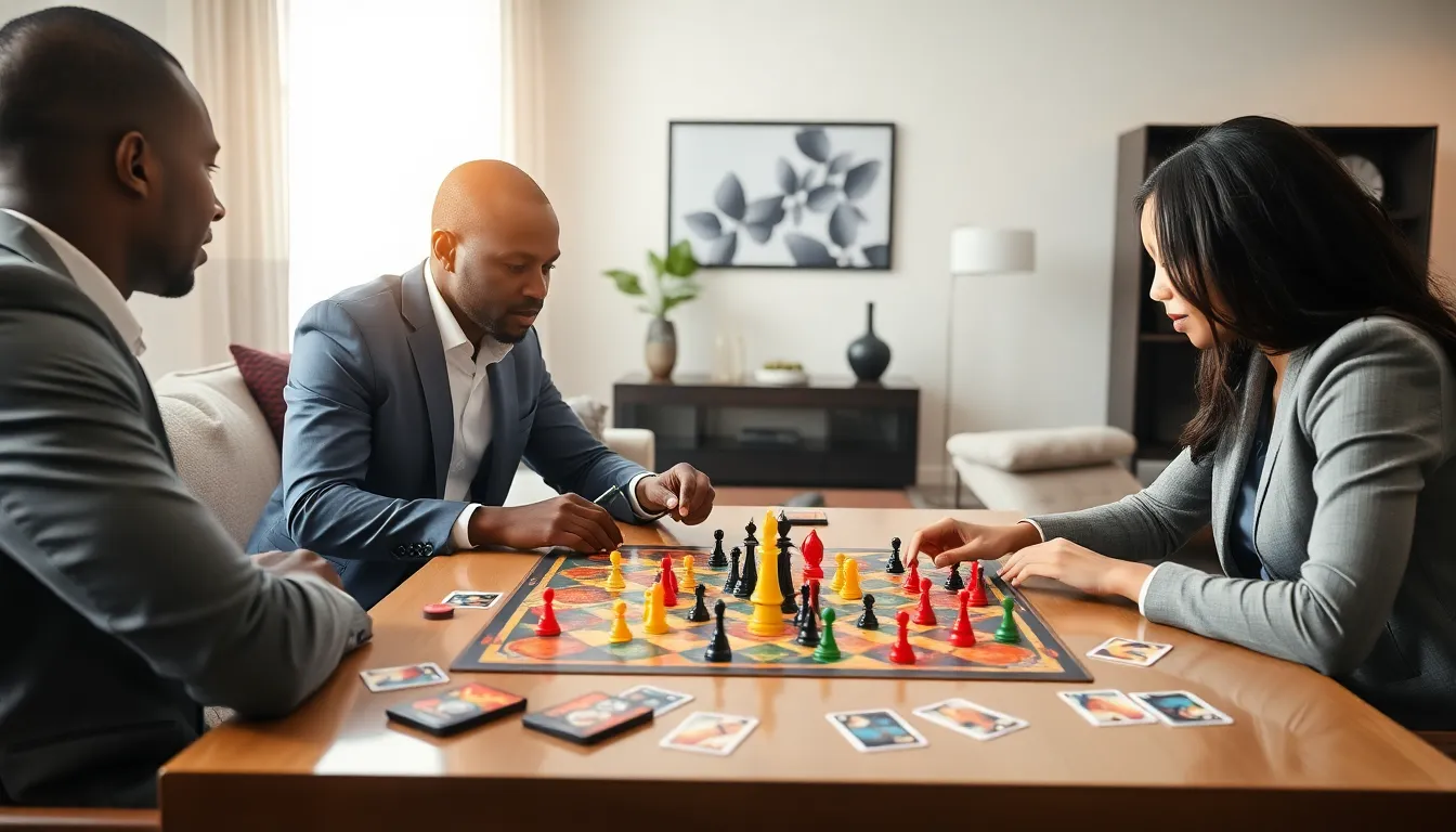 two players engaged in a strategy board game at a modern table.