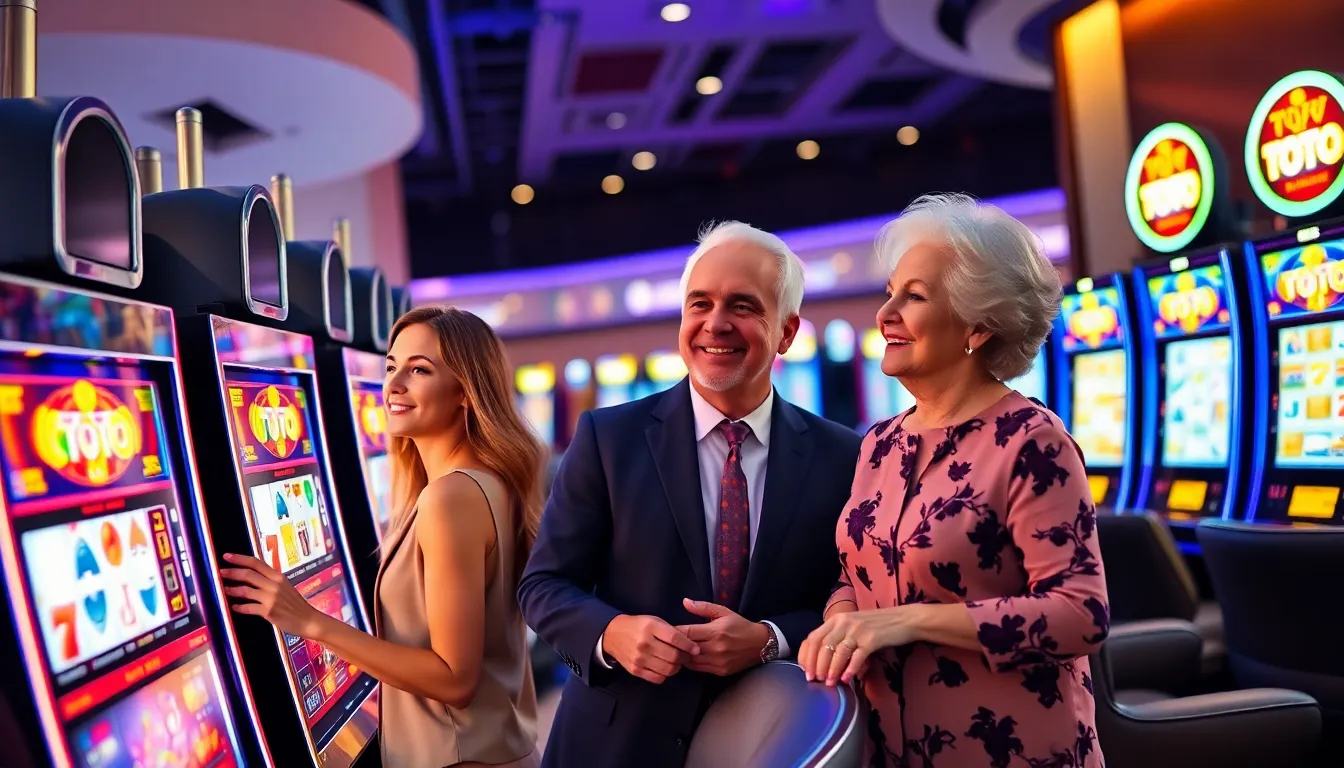 diverse players engaged at vibrant Toto slot machines in a casino.