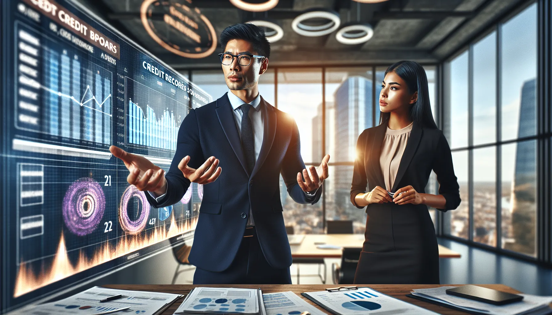 diverse financial analysts discussing the importance of credit bureaus in an office