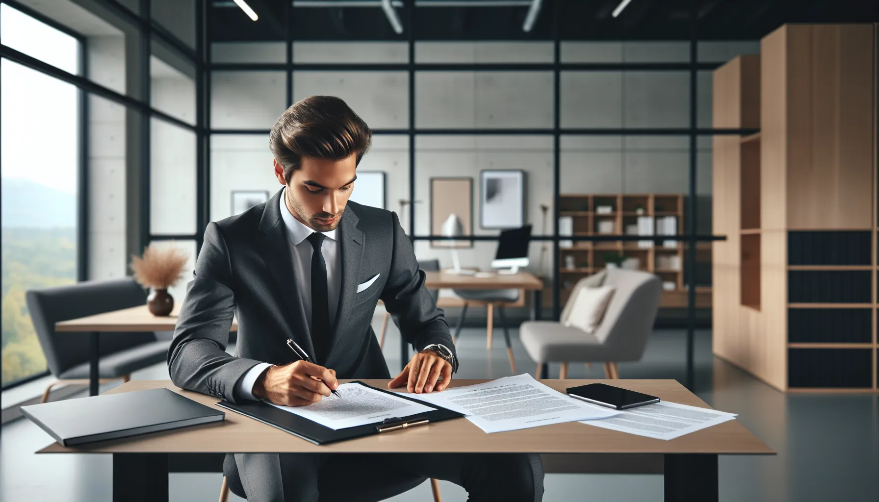 Professional person signing employment termination request document at office desk