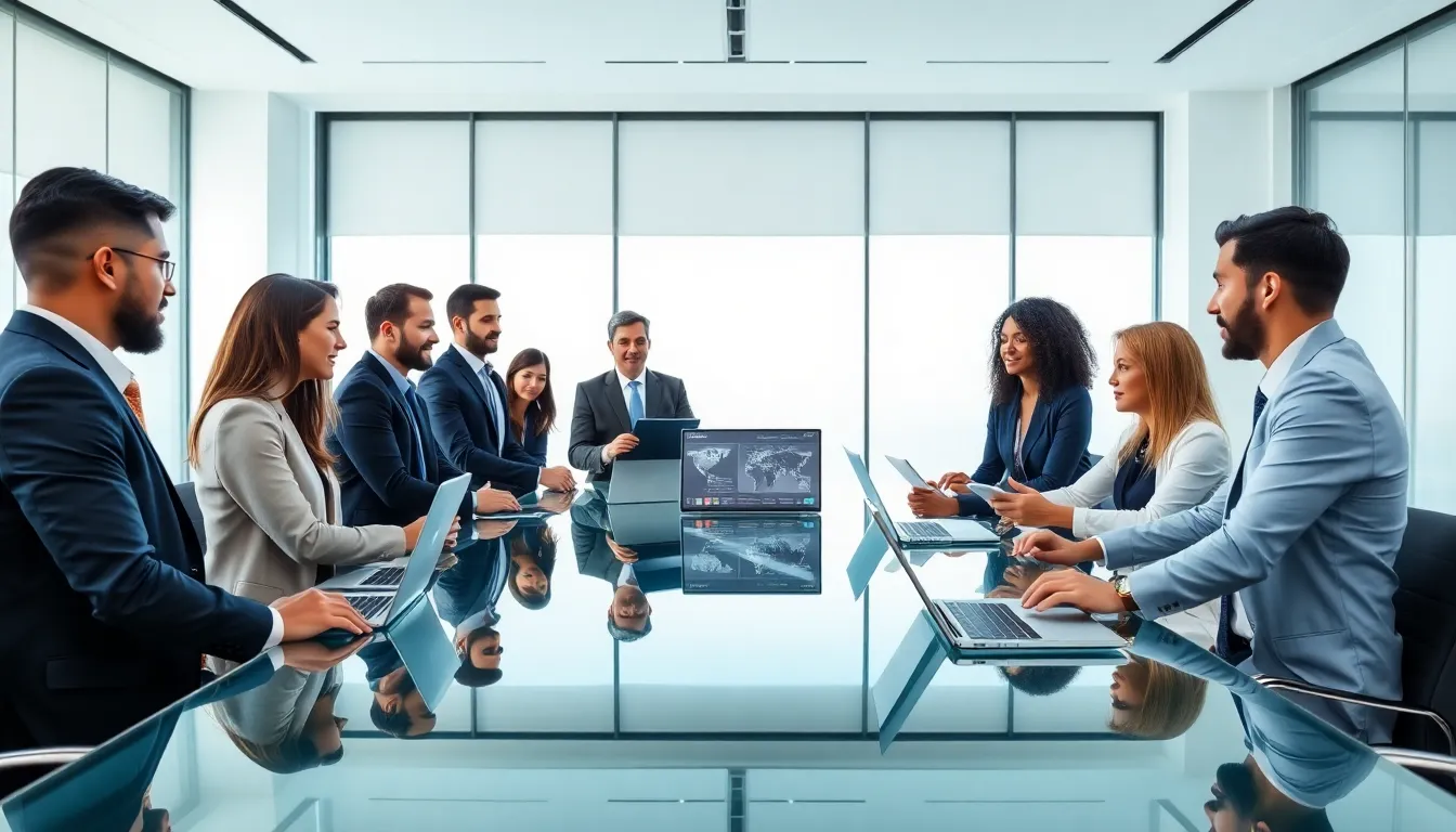 diverse professionals discussing Agacik2803 technology in a modern conference room.