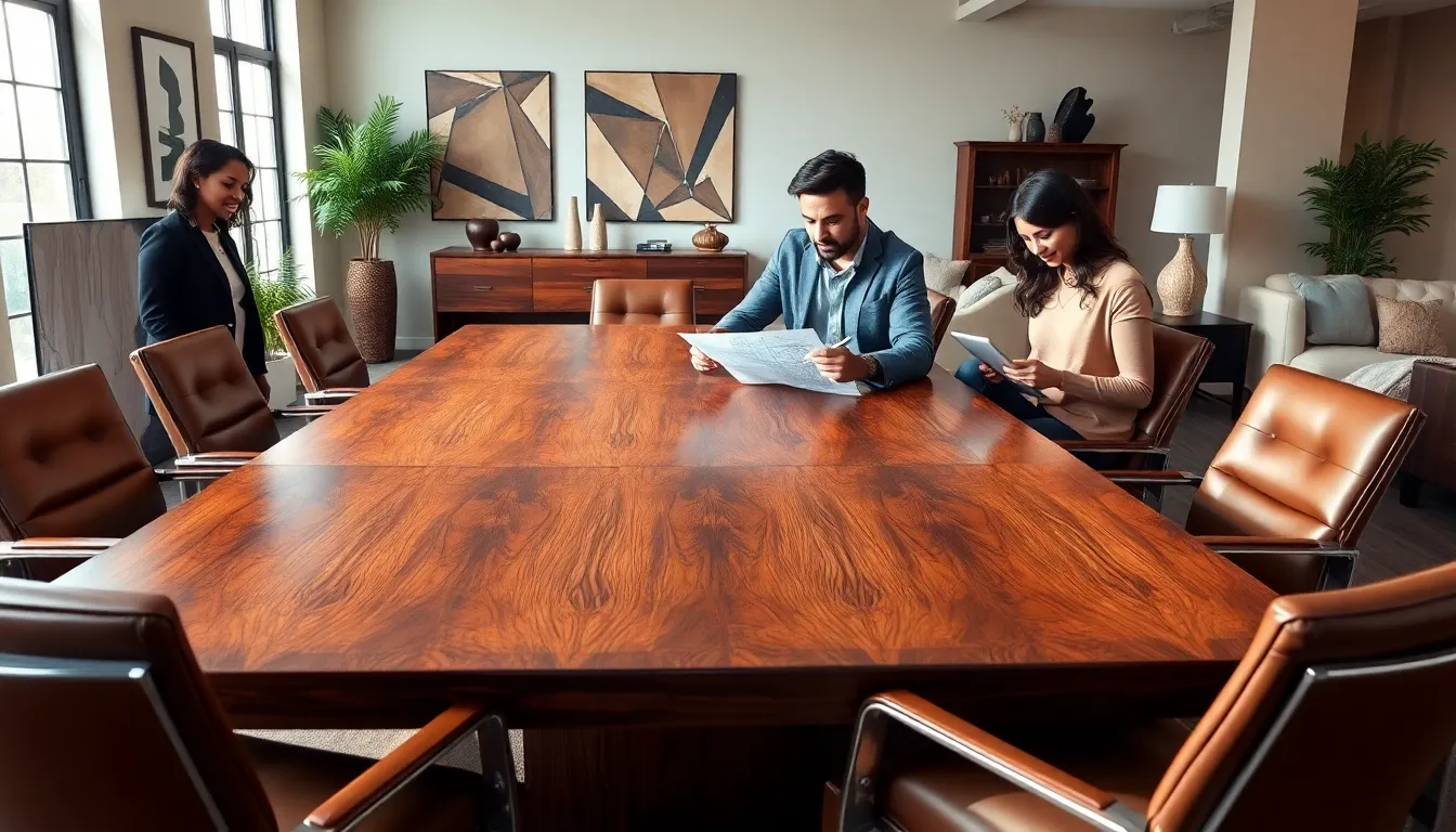 diverse professionals collaborating in a modern office with elegant furniture.