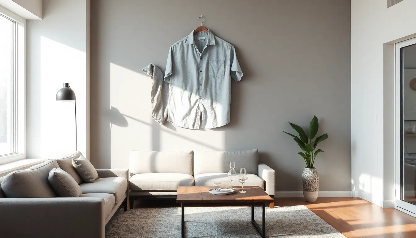 creative wall decor made from a thrifted shirt in a stylish living room.