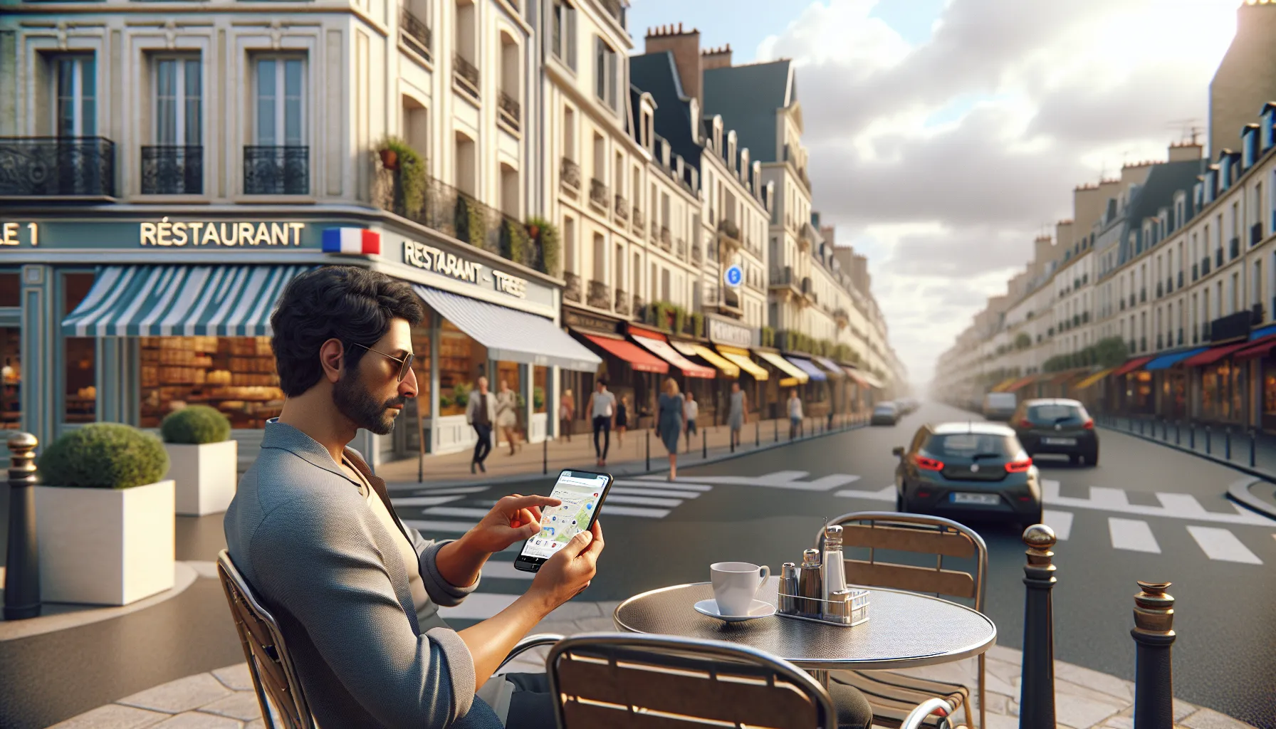 Local business owner checks Google Maps search results on smartphone in Le Plessis-Trévise.