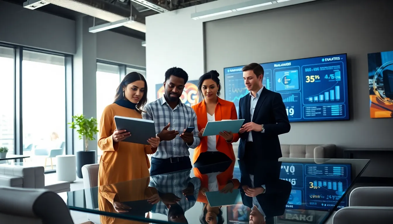 Professionals collaborating on digital brand management tools in a modern office.