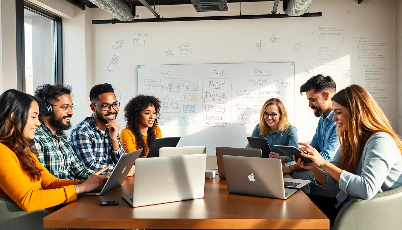 diverse game developers collaborating in a modern workspace.