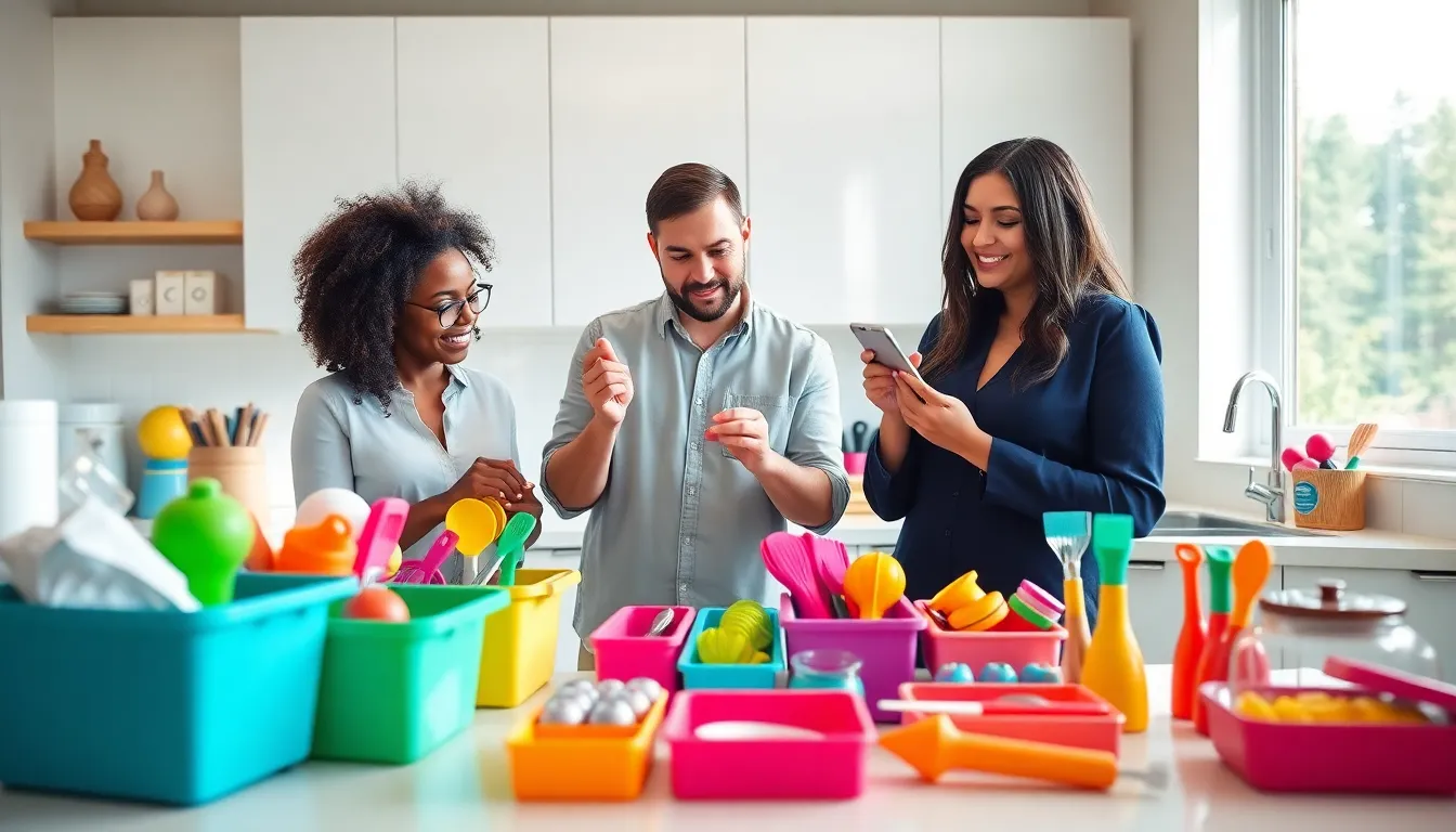 Team organizing a kitchen with colorful Dollar Tree storage solutions.