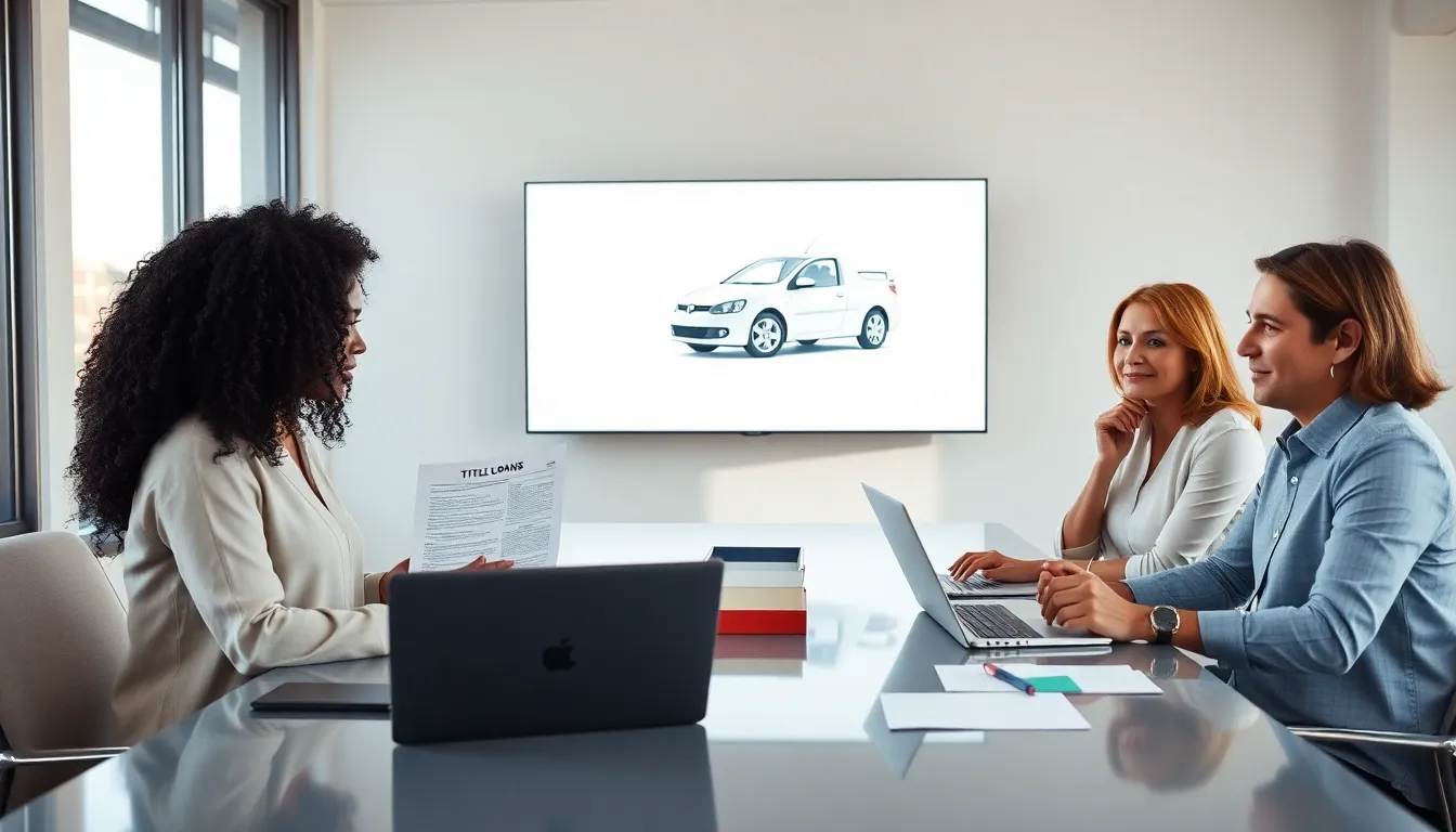 diverse team discussing title loans in a modern office.