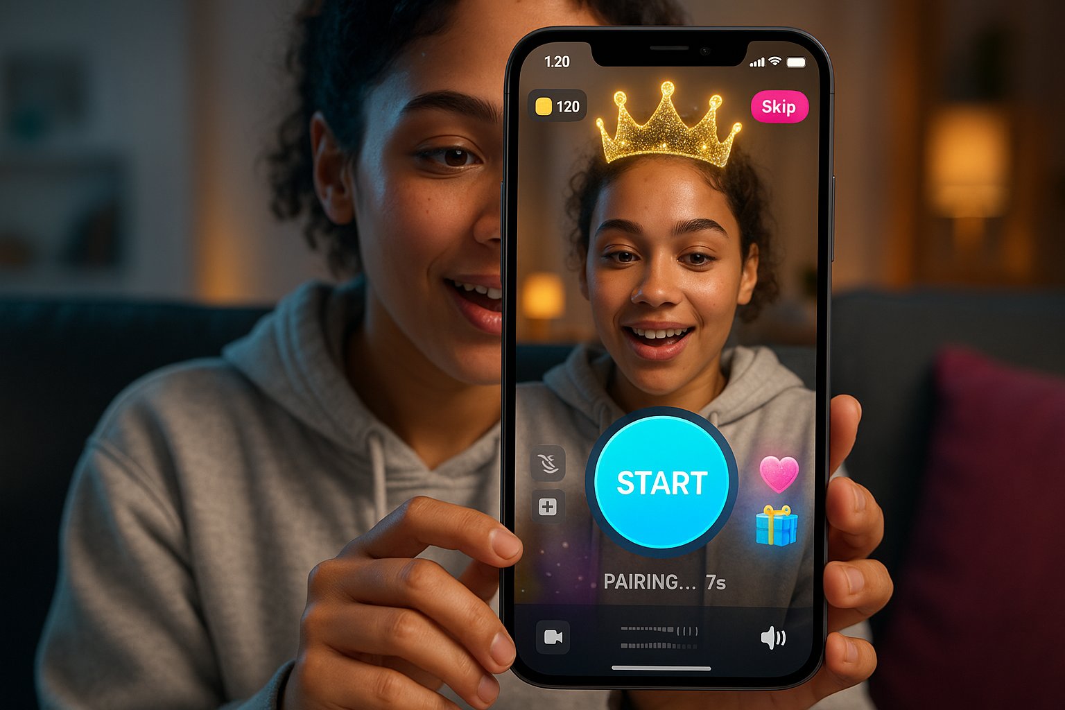 young adult using a mobile LivuApp with big cyan Start button and AR effects