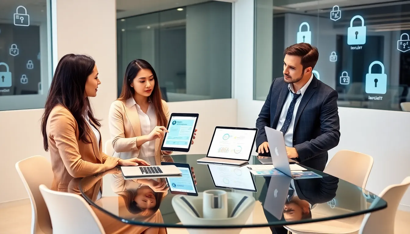 professionals discussing mobile banking security in a modern office.