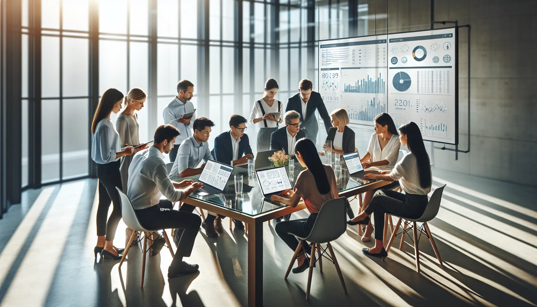 diverse team discussing analytics in a modern office.