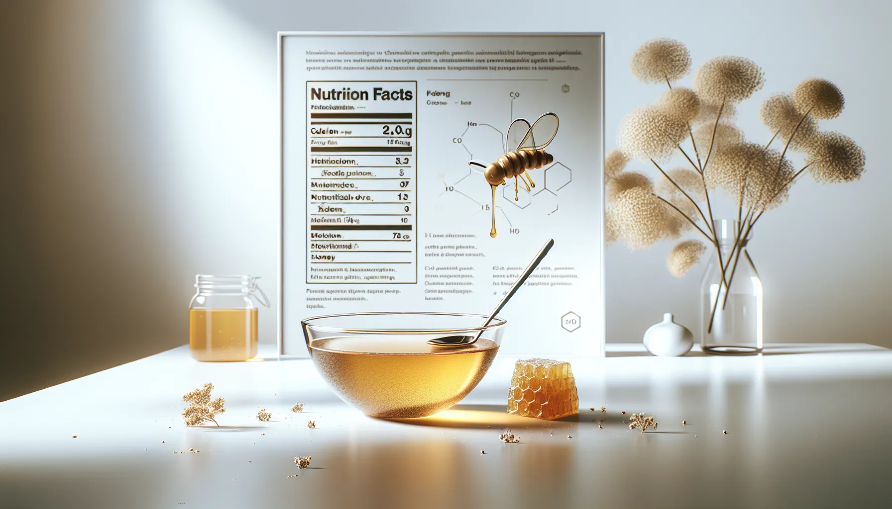 Bowl of honey with nutrition facts card on a modern white surface.