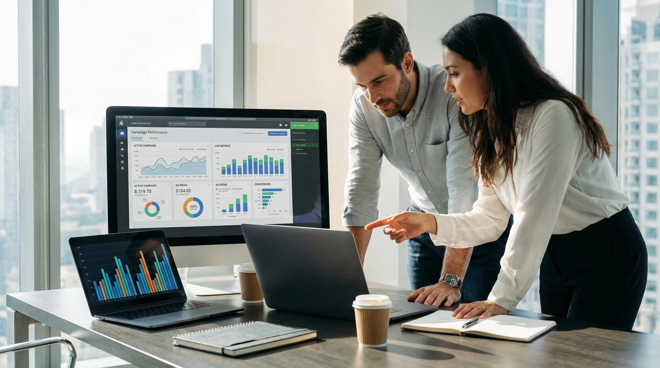 Team reviewing real-time ad performance graphs and charts on a laptop and tablet in a modern office.