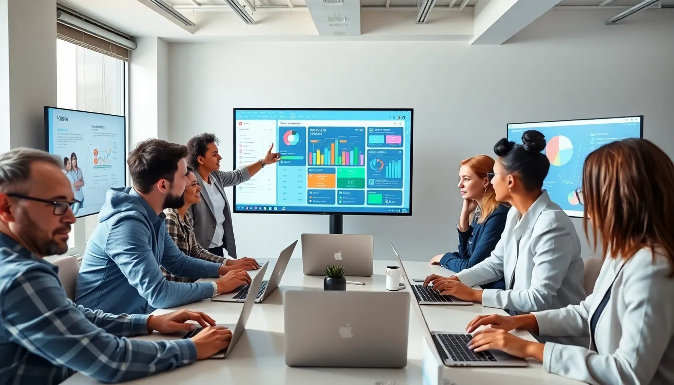 diverse team collaborating over Hlzuine28.6 software in a modern office.