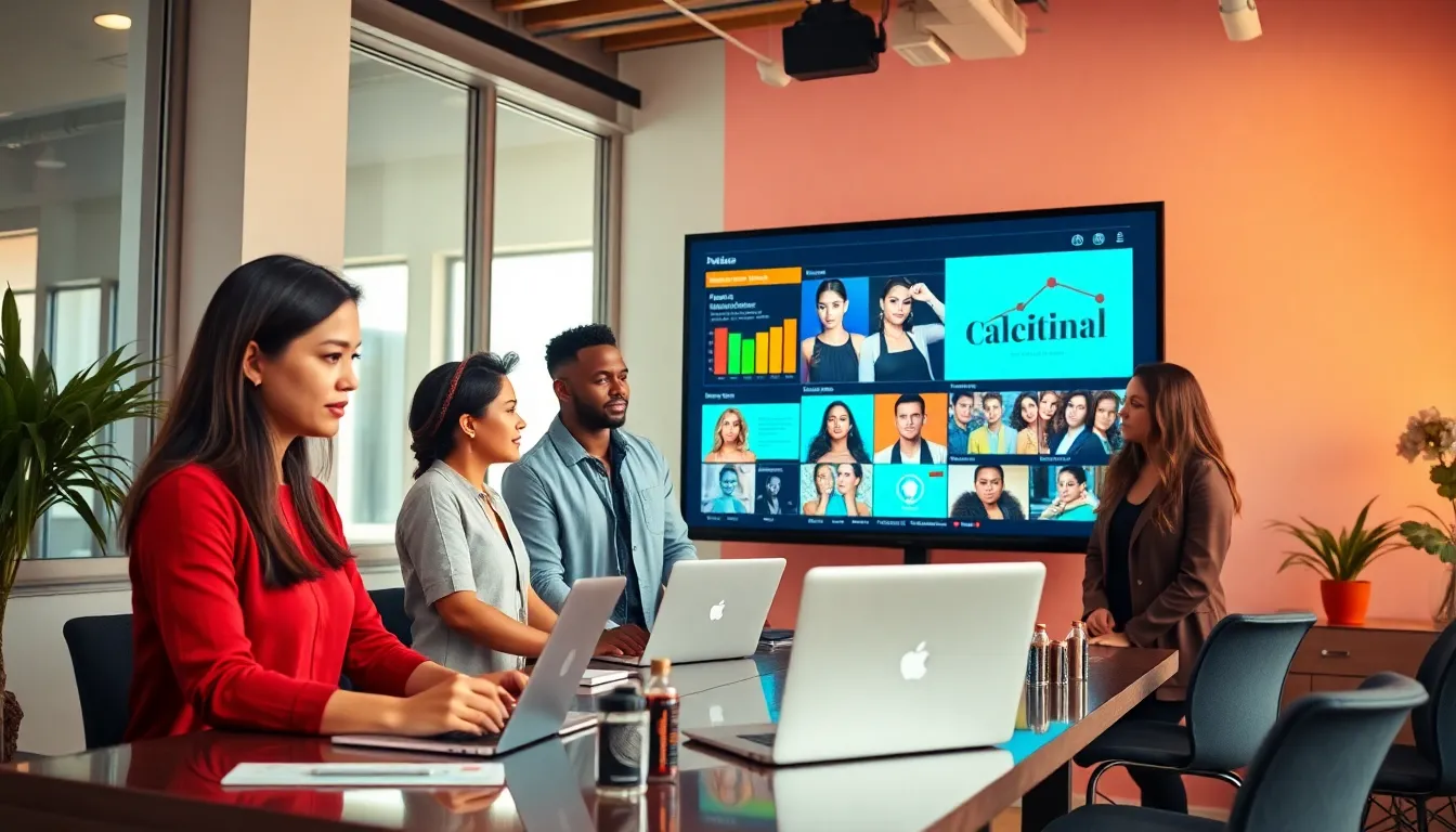 diverse team working on a celebrity news platform in a modern office.