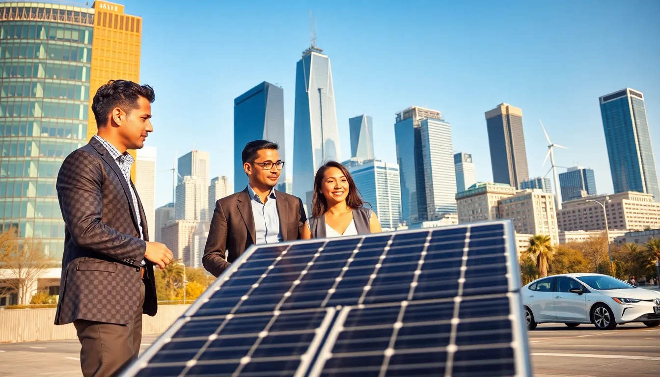 professionals discussing renewable energy in a city setting with solar panels and wind turbines.