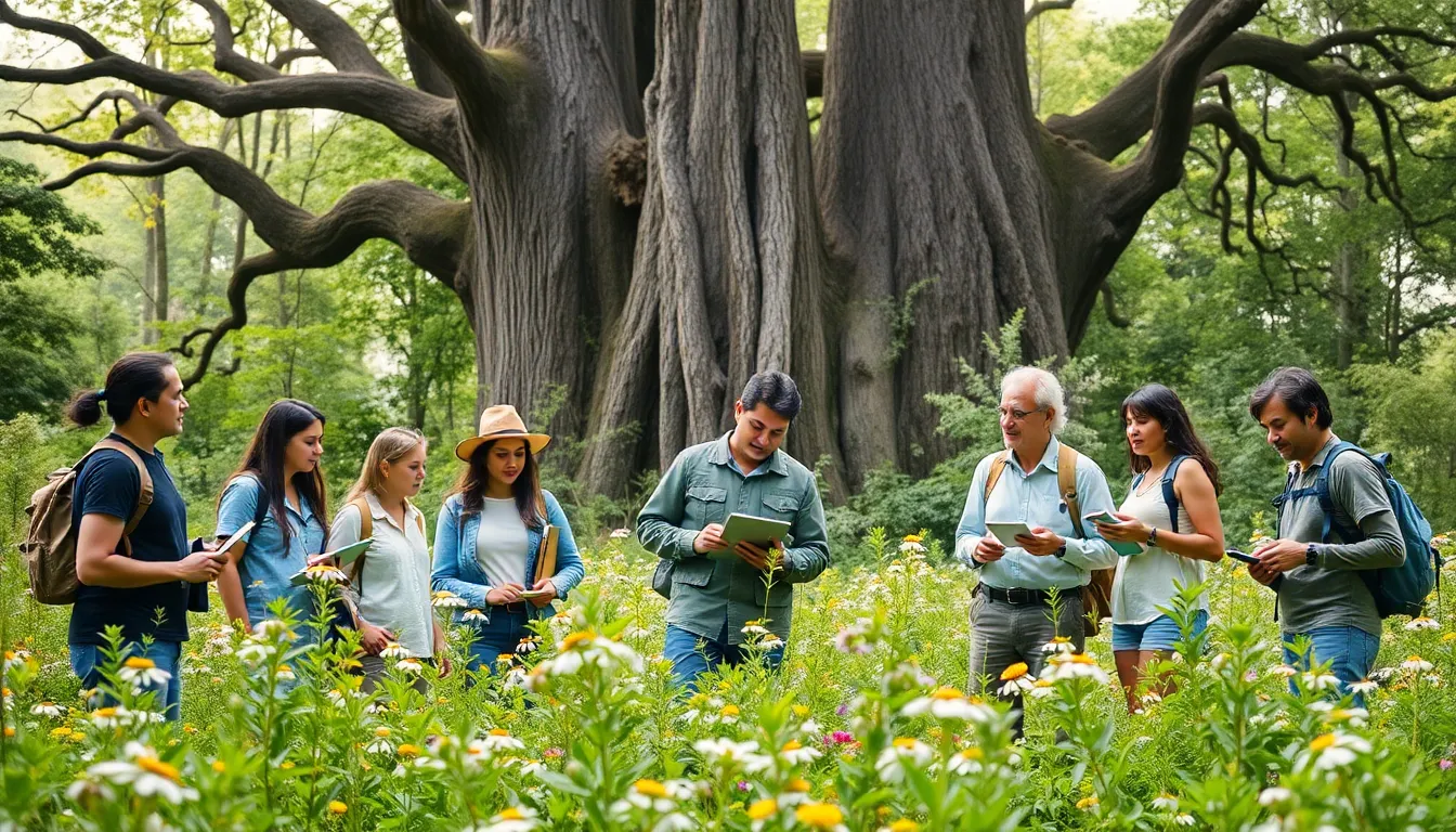 diverse researchers studying Jivozvotanis in a lush forest.