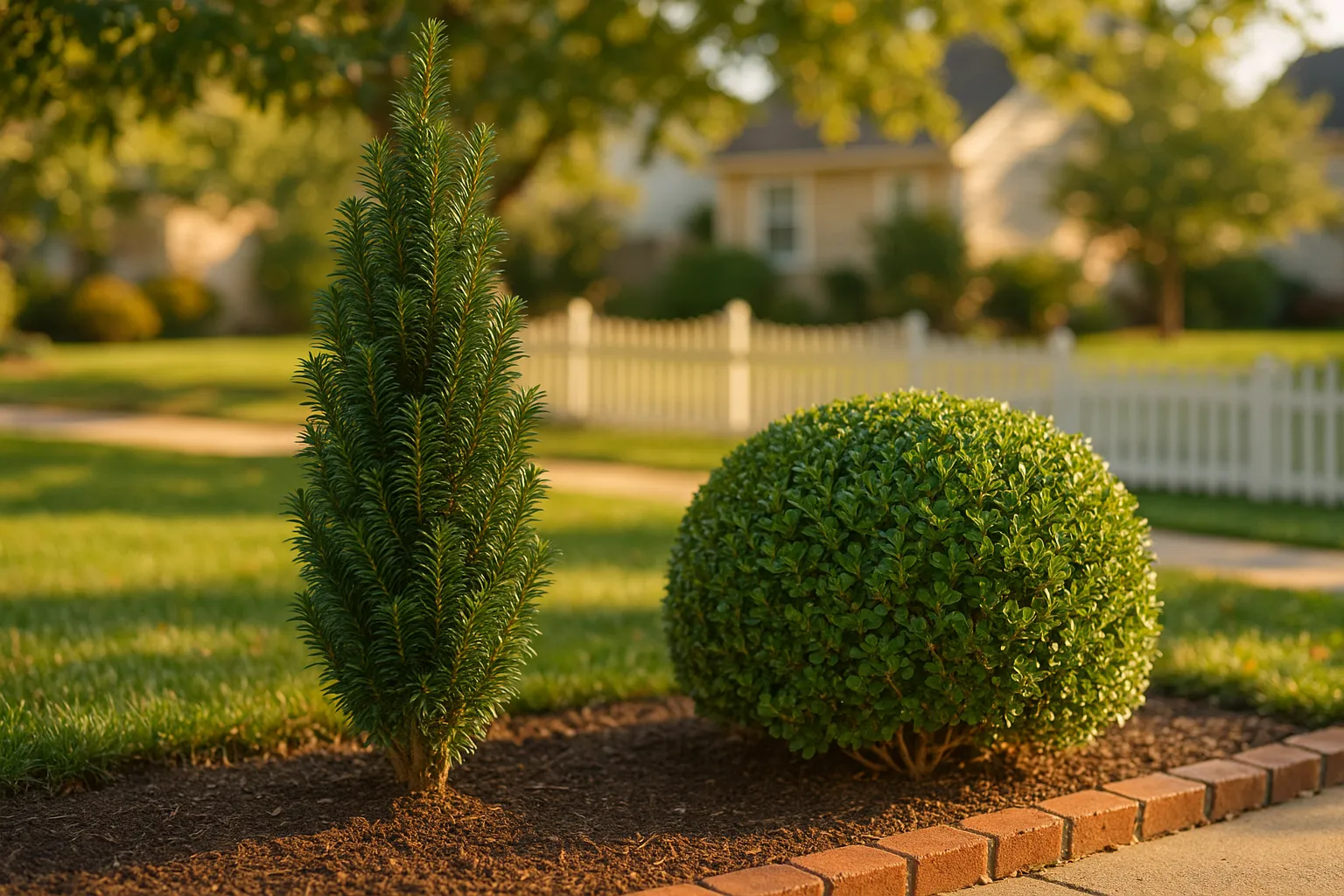 Columnar yew beside a dense rounded boxwood in a suburban garden at golden hour.