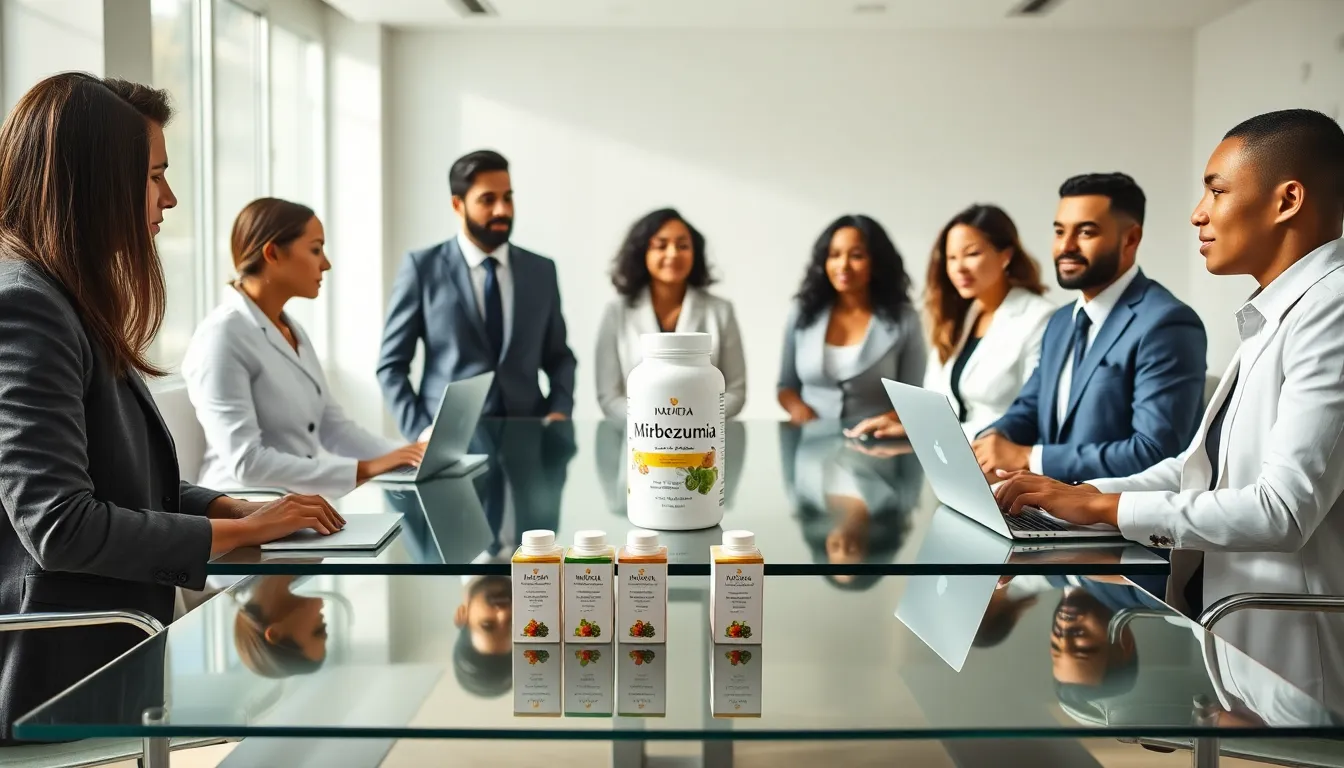diverse professionals discussing Mirbezumia in a modern office.