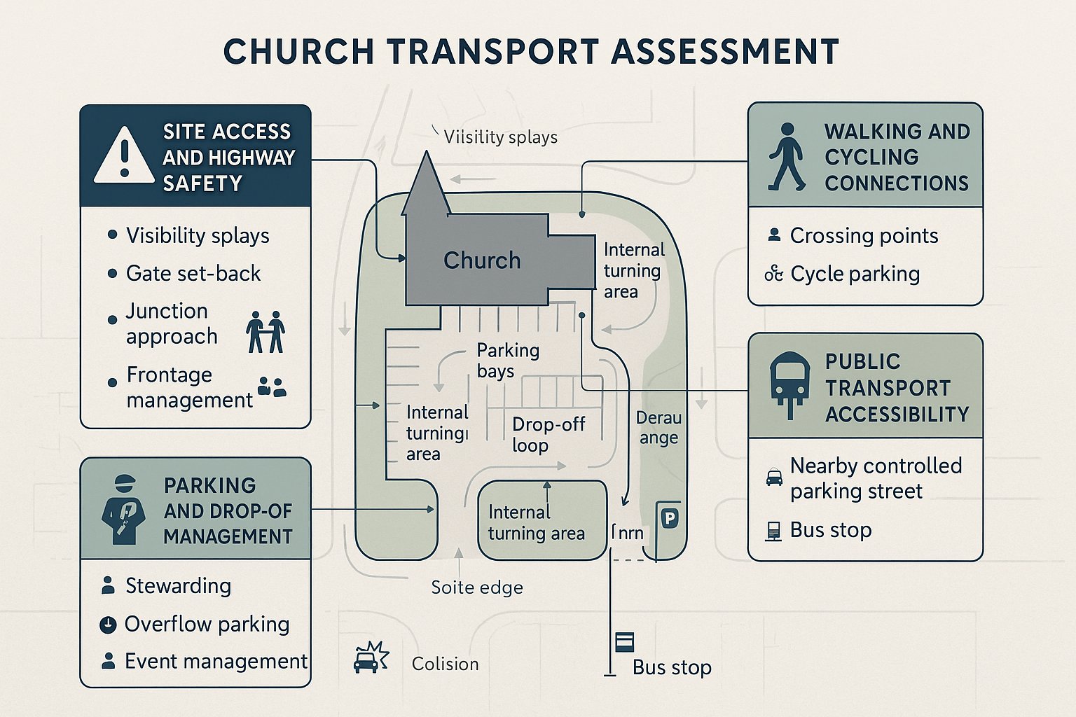 infographic of church site access, parking, safety, and travel assessment.