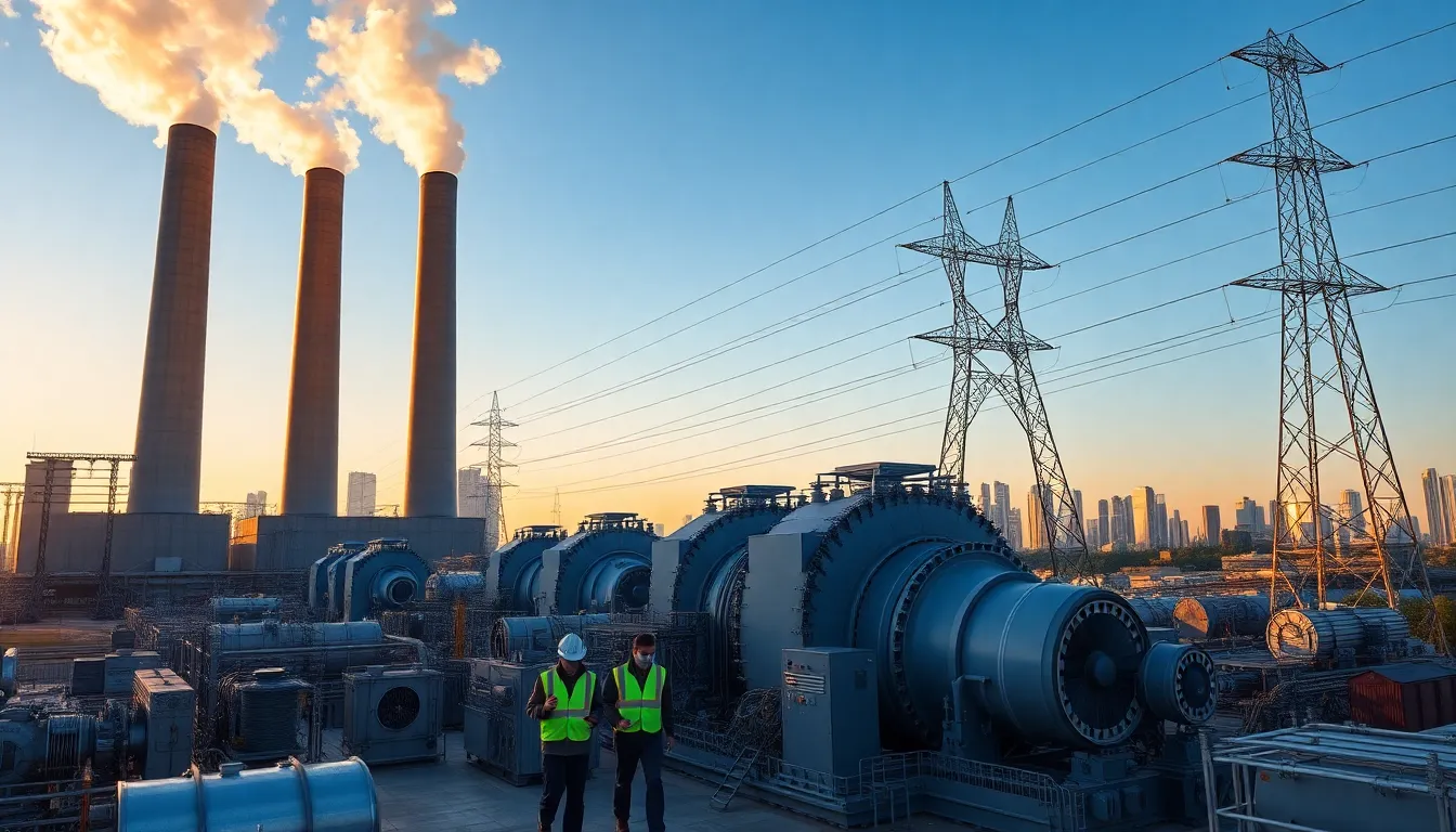 a modern power plant in an urban setting with engineers and transmission lines.