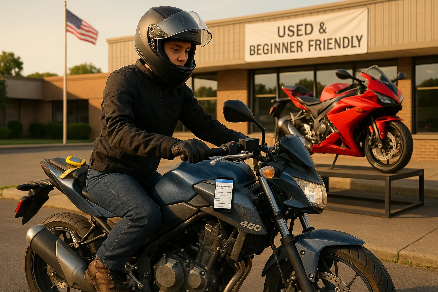 A rider sitting on a compact 400cc sportbike, feet flat, testing fit at dealership.