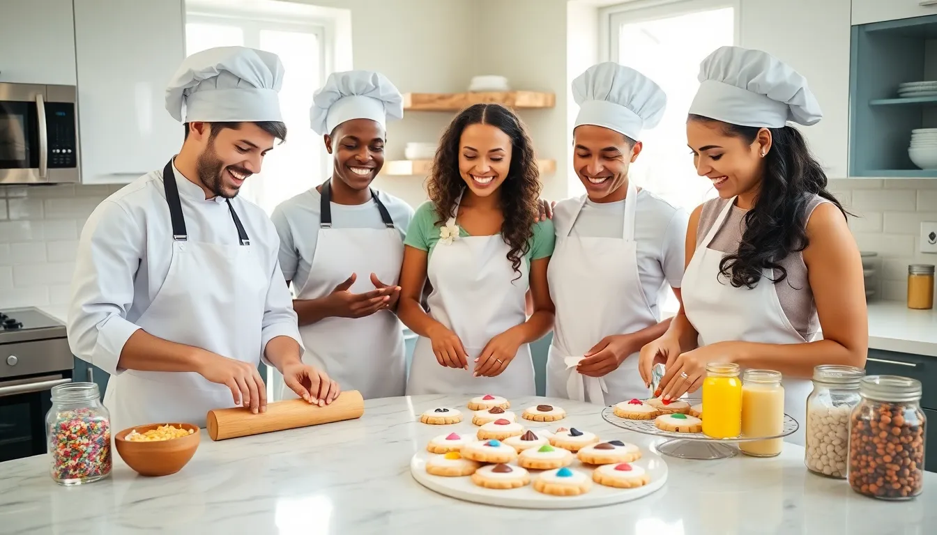 bakers joyfully creating cookies in a cozy kitchen.