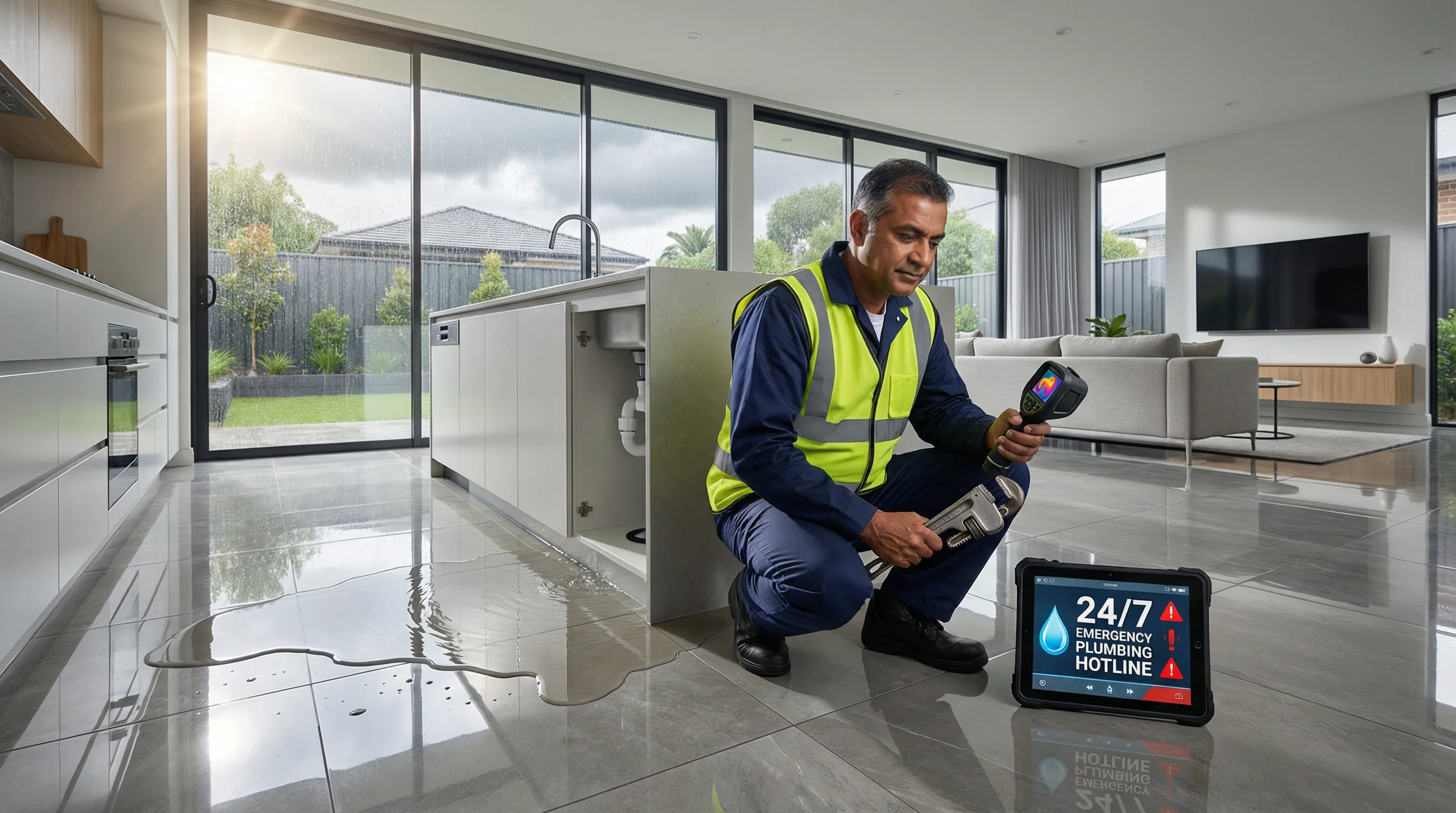 Plumber fixing a burst pipe in a modern Brisbane kitchen during a flood.