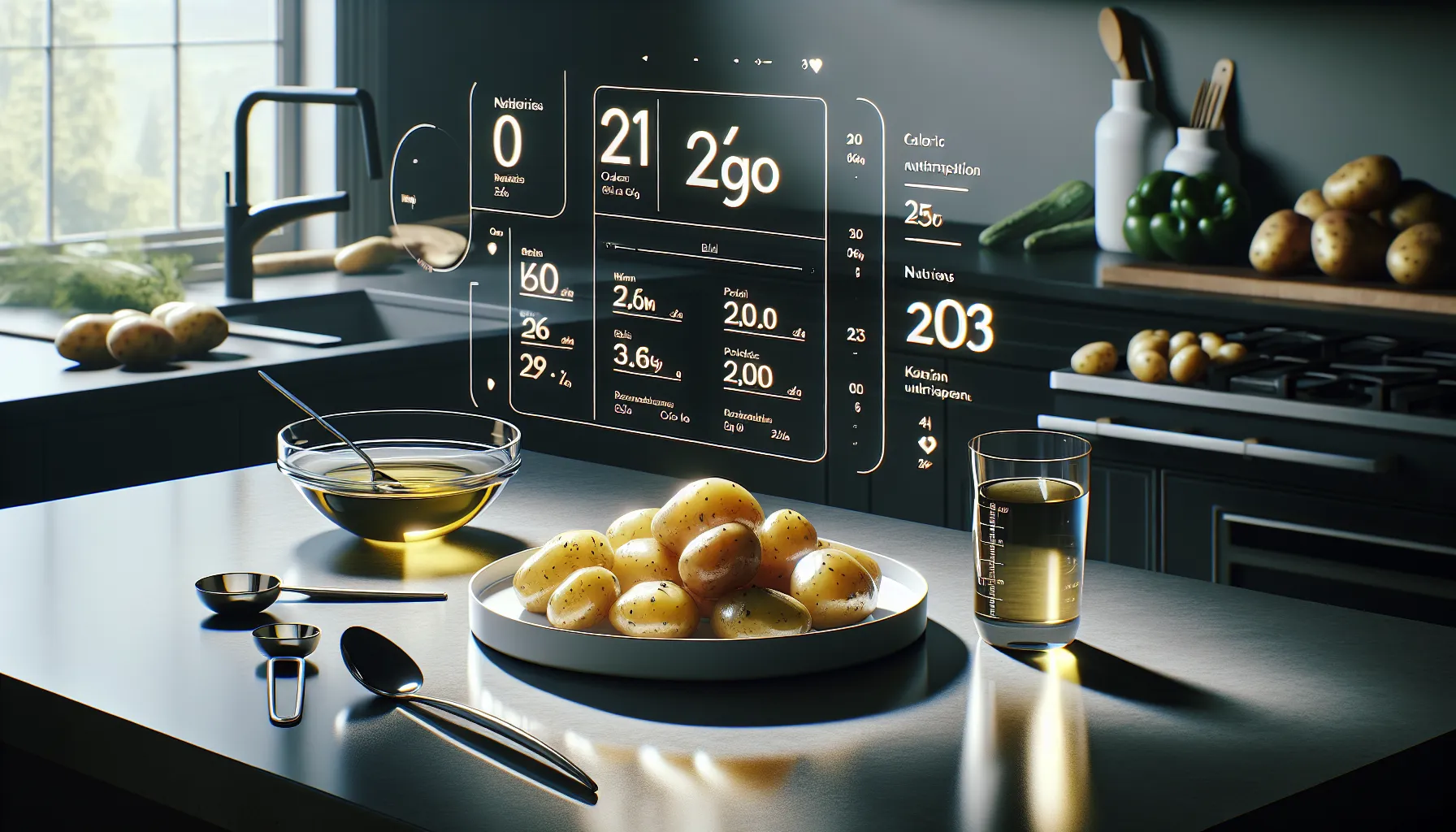 Plate of roasted potatoes with nutrition facts in a bright modern kitchen.