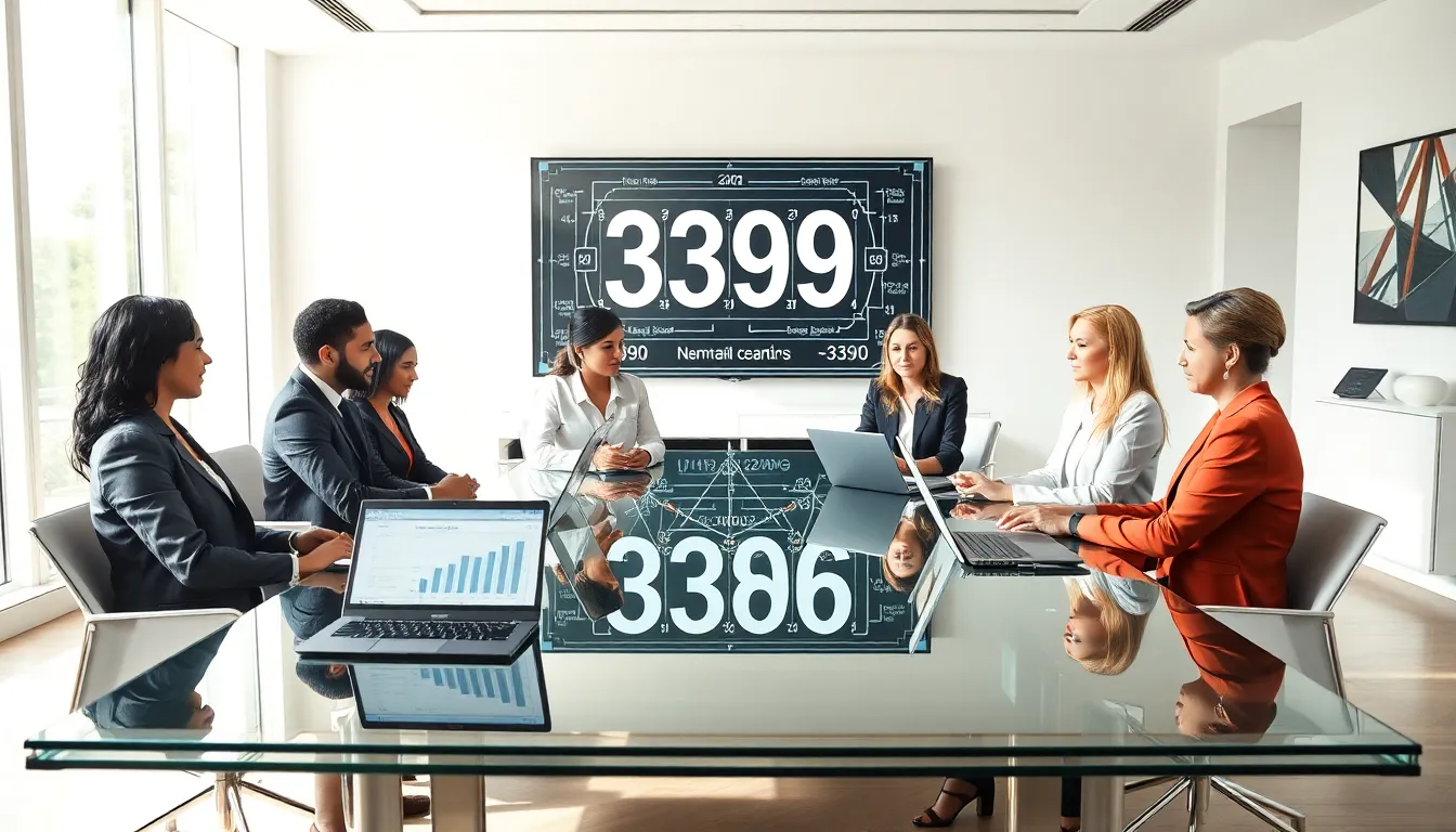 diverse team discussing the significance of the number 3396234099 in a modern office.