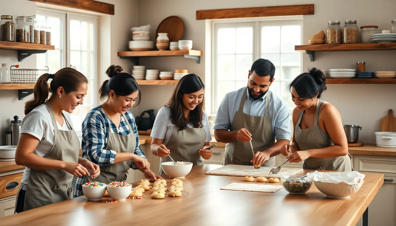 diverse bakers creating cookies in a cozy kitchen.
