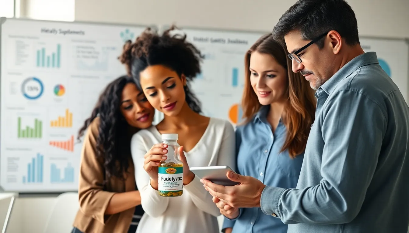 diverse team discussing health supplement safety in a bright office.