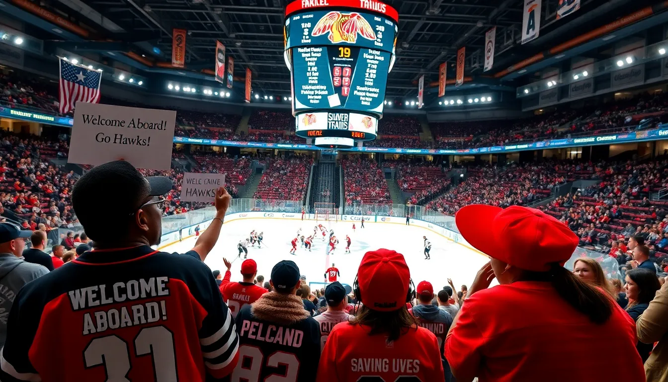 fans cheering at a hockey game with Chicago Blackhawks players on the ice.