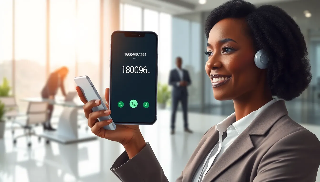 Person dialing a toll-free number in a modern office.