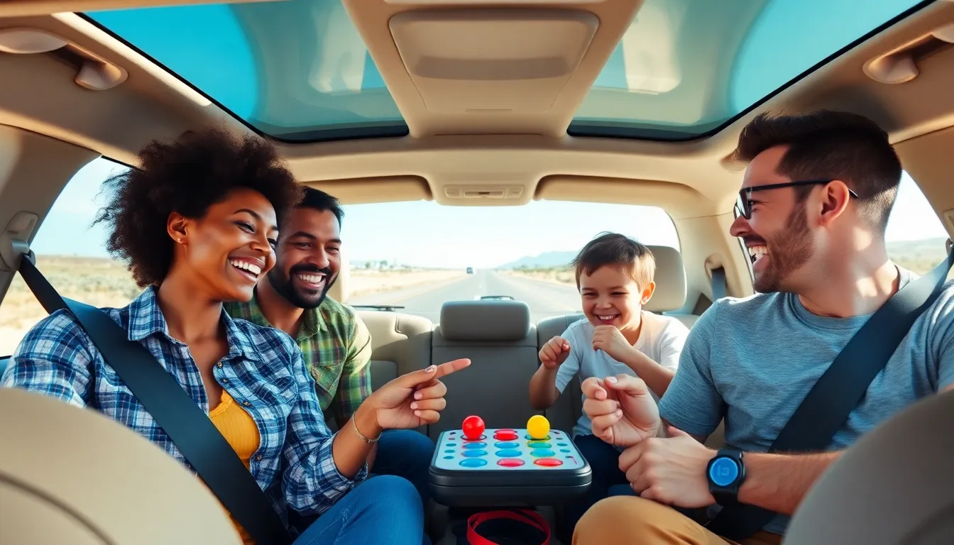 family playing games inside an SUV during a road trip.
