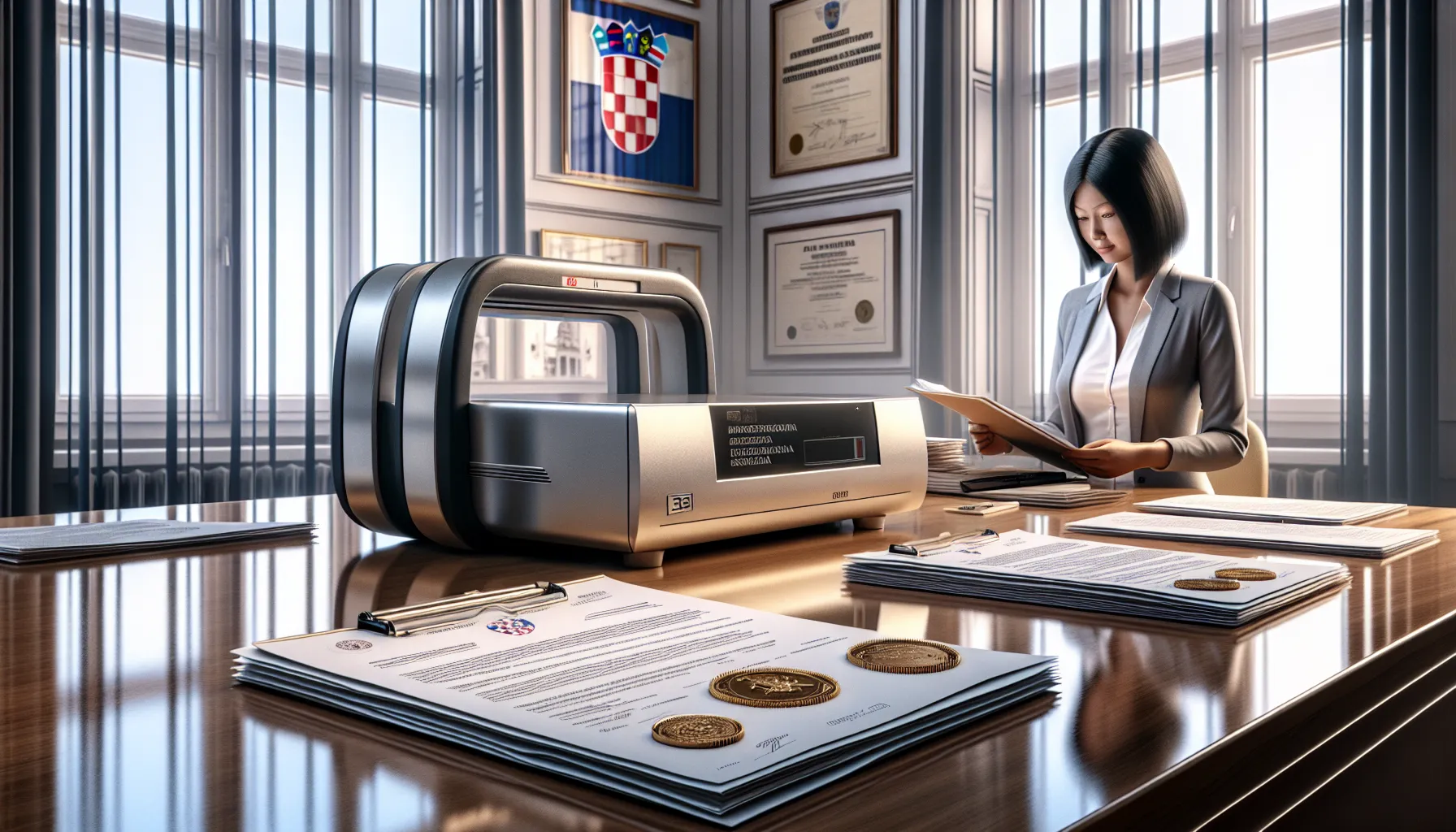 Croatian government office with metal detector and official archaeological permits on desk