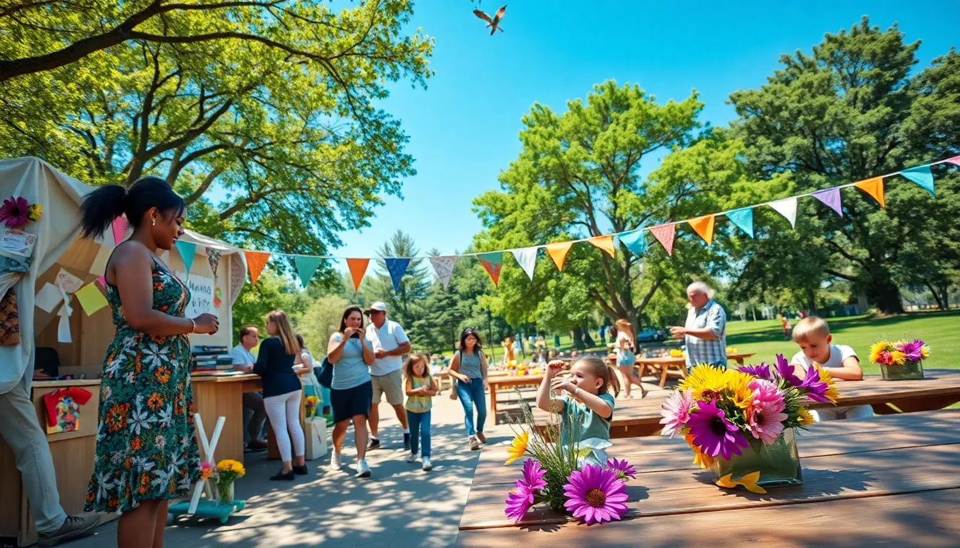 a diverse group setting up a colorful booth at a vibrant thrifty event.
