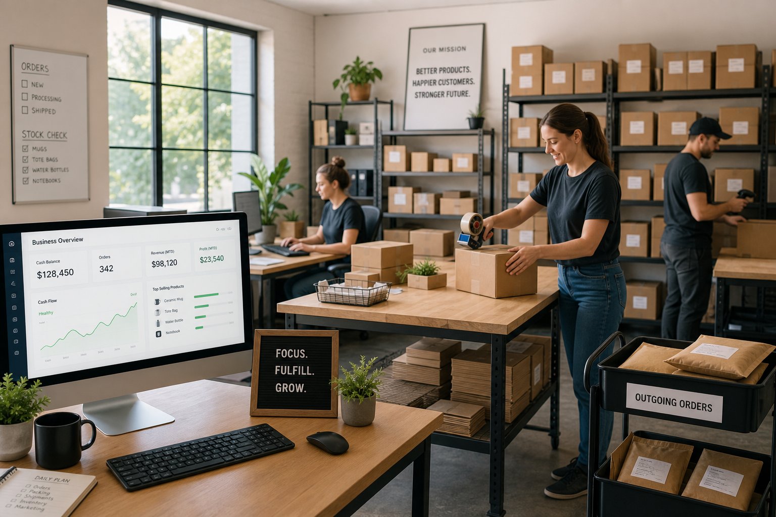 Busy small business workspace with stock, equipment, and staff handling daily operations.