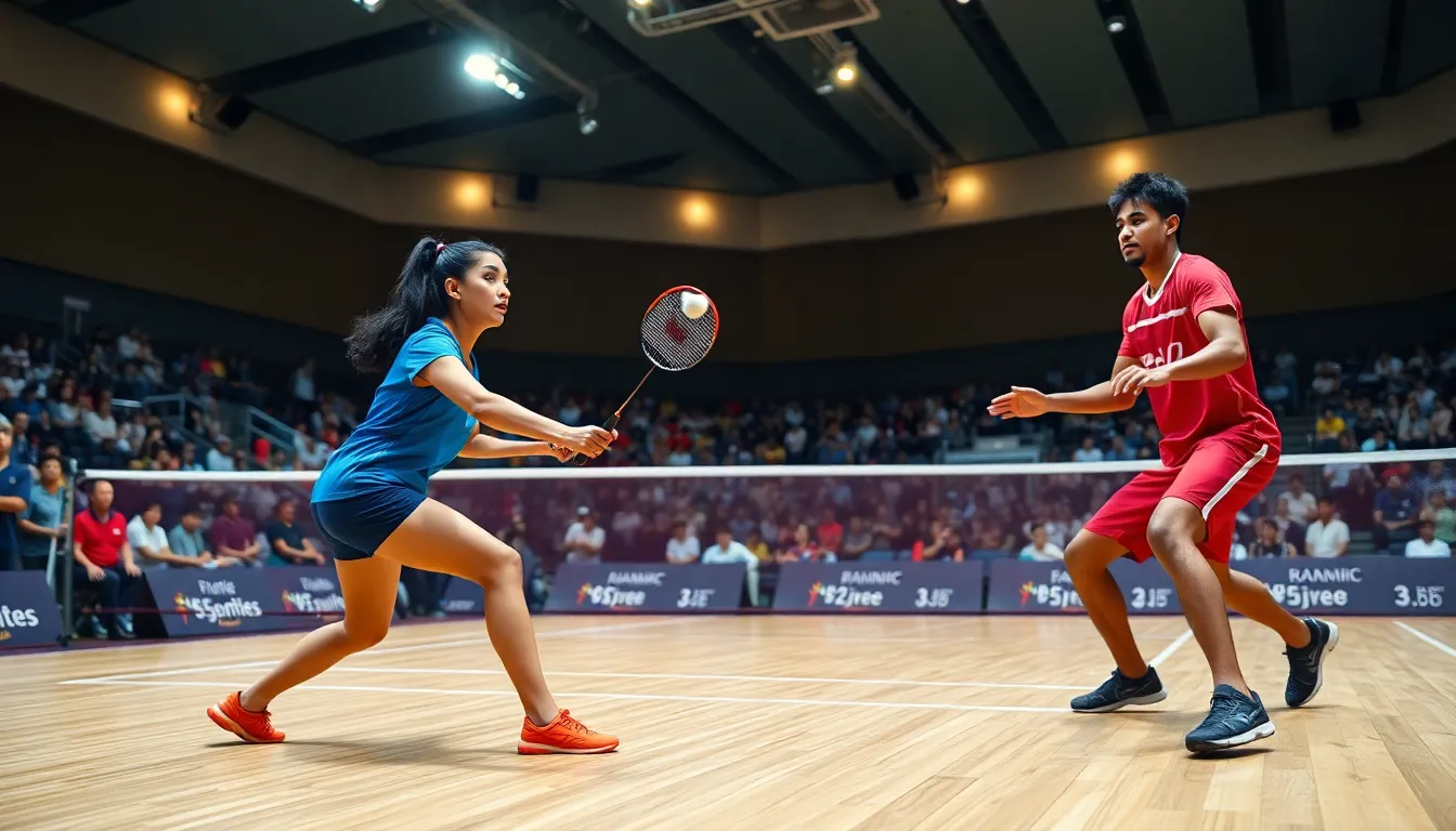 action shot of a badminton match with diverse players competing.