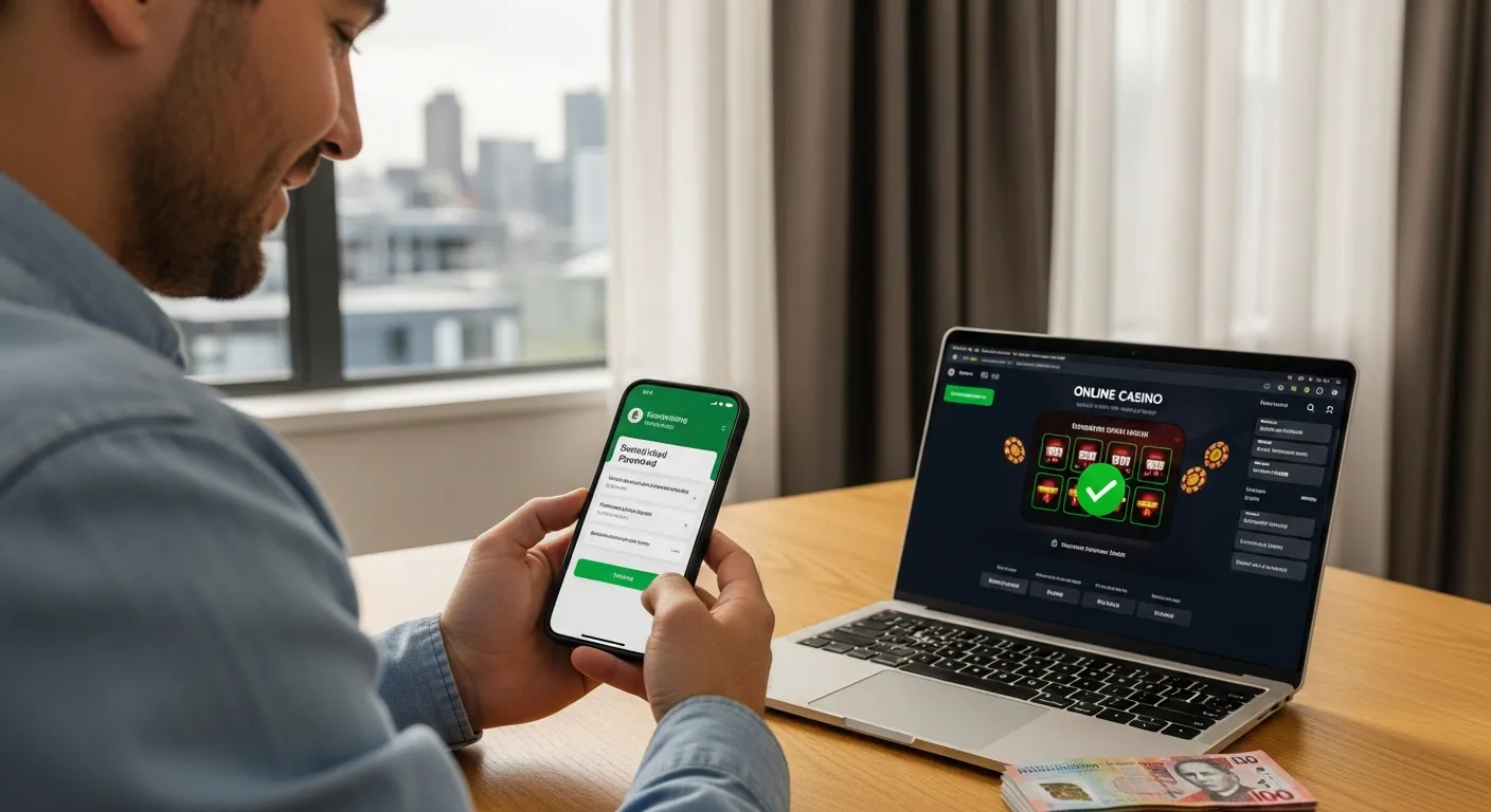 Man checking smartphone showing successful online casino withdrawal notification at desk.