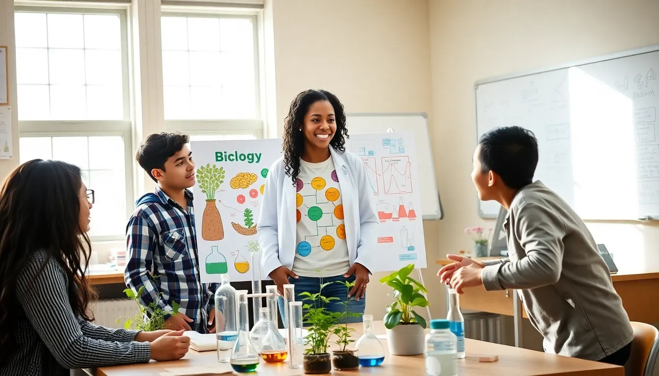 High school students collaborating on an integrated science project in a vibrant classroom.