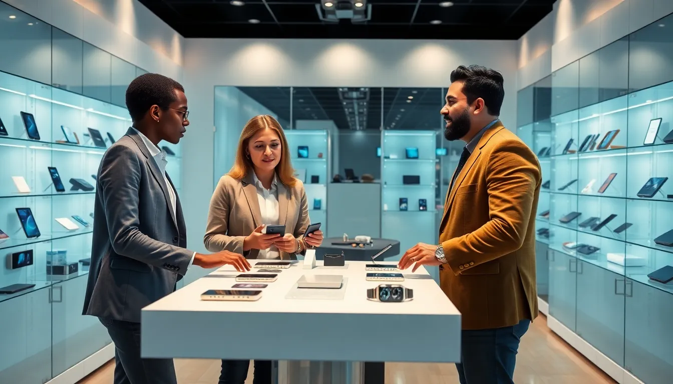 diverse professionals discussing modern electronic gadgets in a tech showroom.