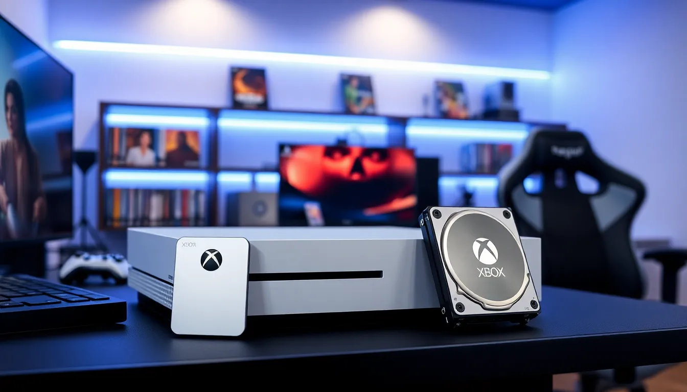Xbox One S console with SSD and HDD on a modern gaming desk.